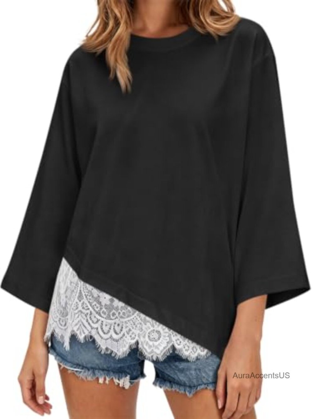 Oversized 3/4 Sleeve Lace Trim T-Shirt